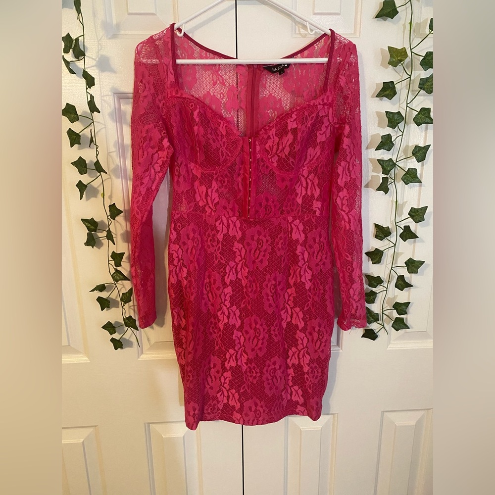 Bustier Lace Mini Dress | Large | Hook-Eye Corset, Magenta, Floral Lace - Picture 13 of 15